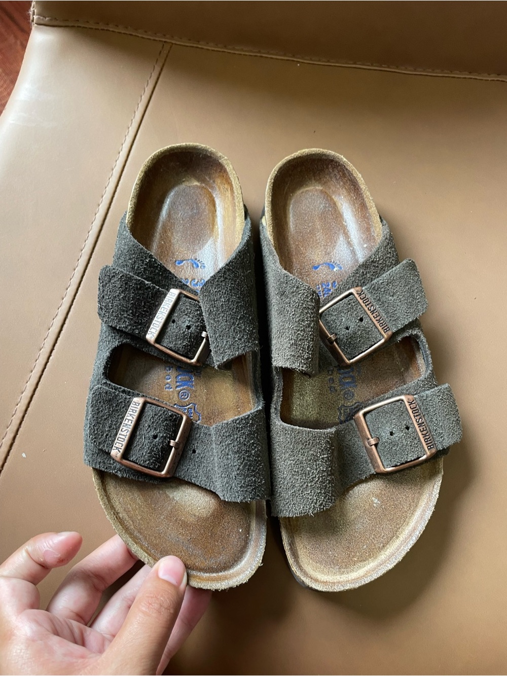 Birkenstock Arizona Suede Two-Strap Sandals in Olive Green